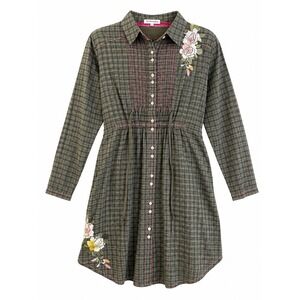 Johnny Was 3J Workshop Embroidered Tunic Dress L Cotton Plaid Flowers Boho Chic